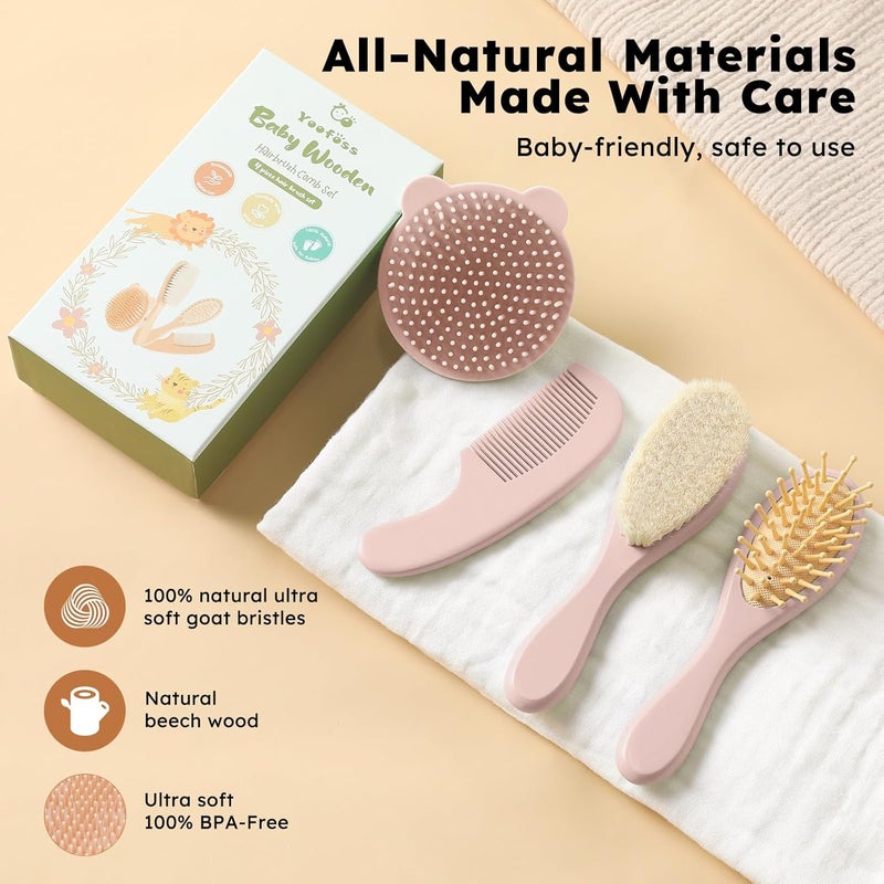 YOOFOSS 4 Piece Baby Hair Brush and Comb Set，Wooden Baby Hair Brush with Natural Ultra Soft Goat Hair, Baby Comb Set for Boy, Girl - Pink - Image 4